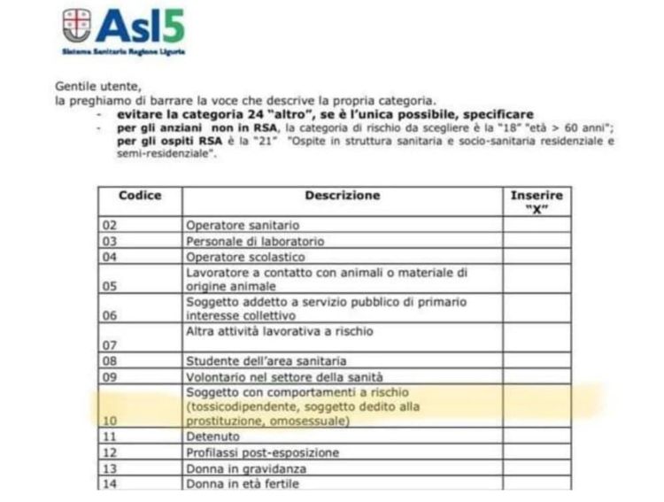 asl 5 spezia comportamento omosessuale covid polemiche