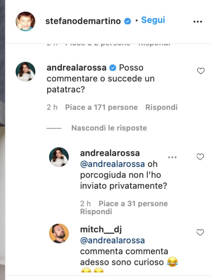 Andrea Delogu commenta lo scatto di Stefano De Martino